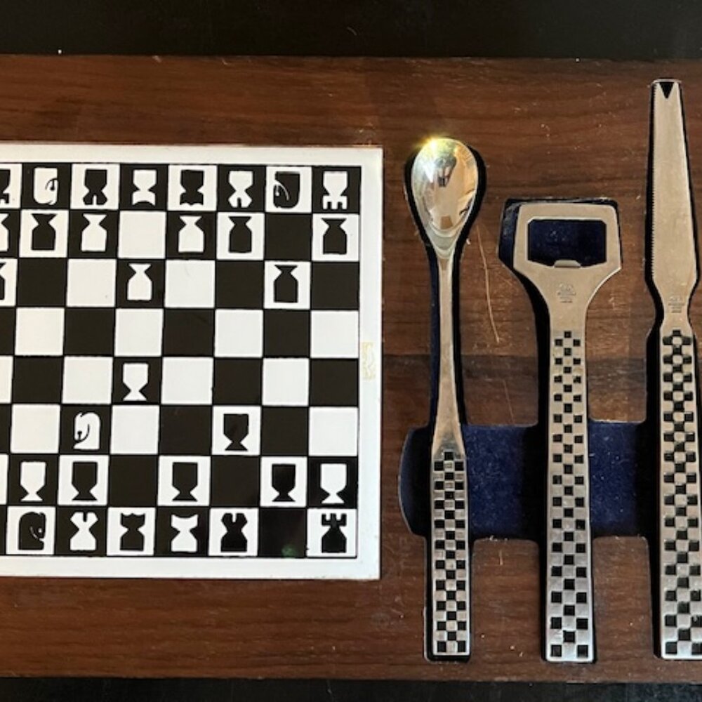 Chess Board & 3 pc Stainless Steel (made in Jap) Bar set on Wood Tray - Vintage